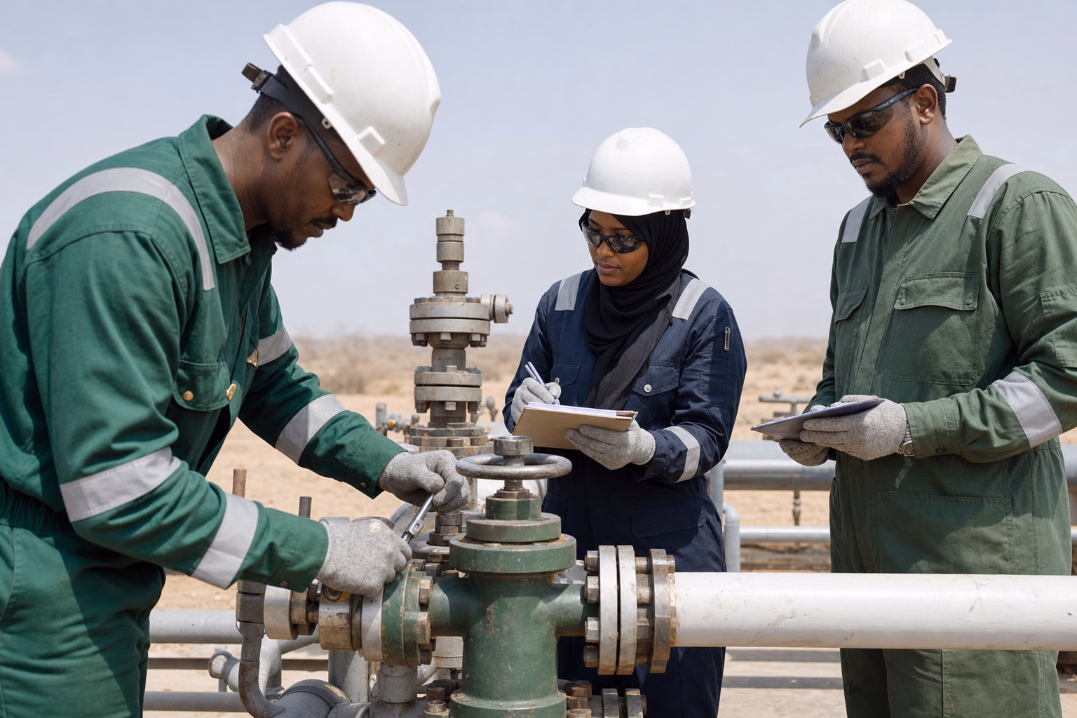 Energy field service engineers working at a wellhead and pipeline site