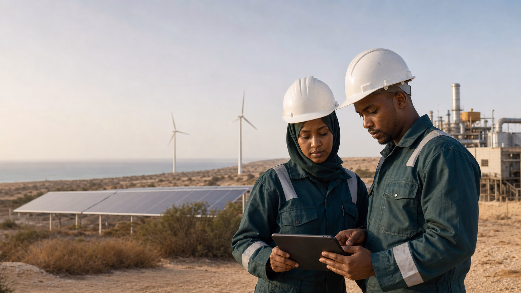 Somali energy engineers overlooking solar, wind, and power infrastructure