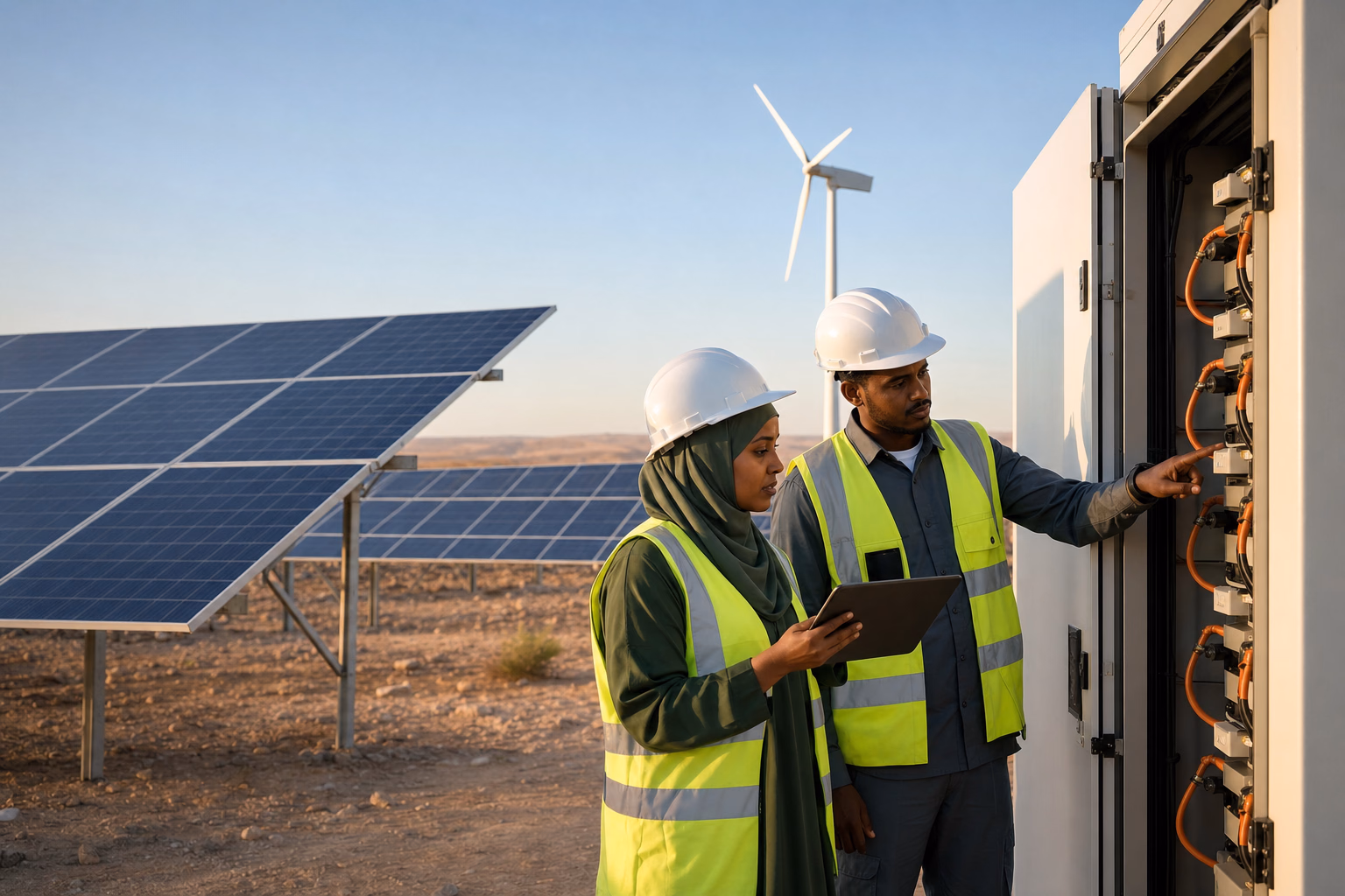 Engineers inspecting a solar, wind, and battery power system