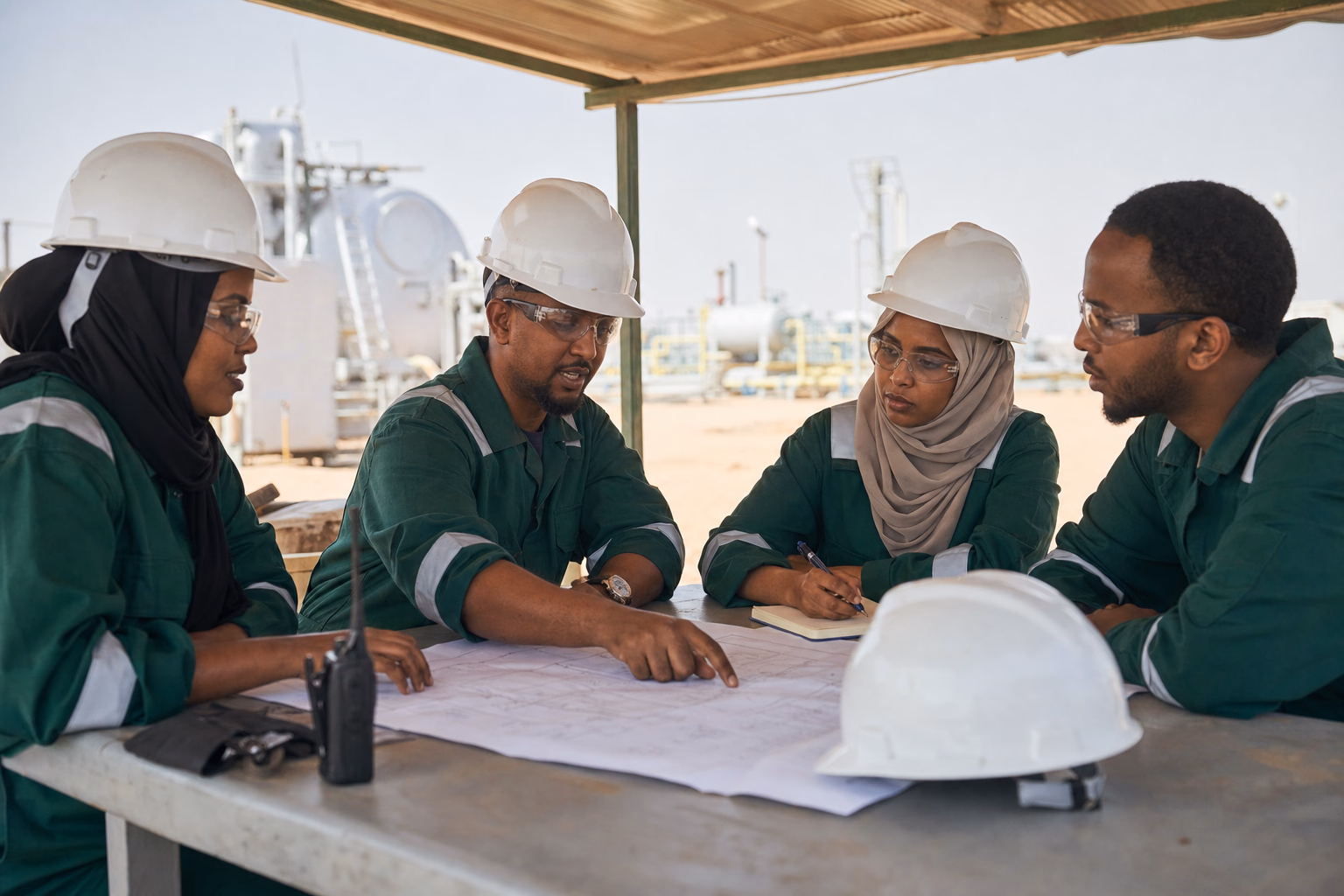 Energy project team reviewing plans during a safety briefing